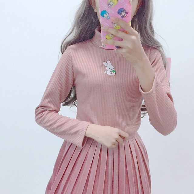 New Lolita women sweater kawaii pullover top super cute rabbit embroidery high collar stretch warm knit bottoming sweaters